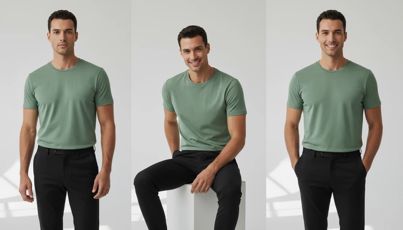 AI-generated male fashion model in three distinct poses and expressions wearing sage green t-shirt