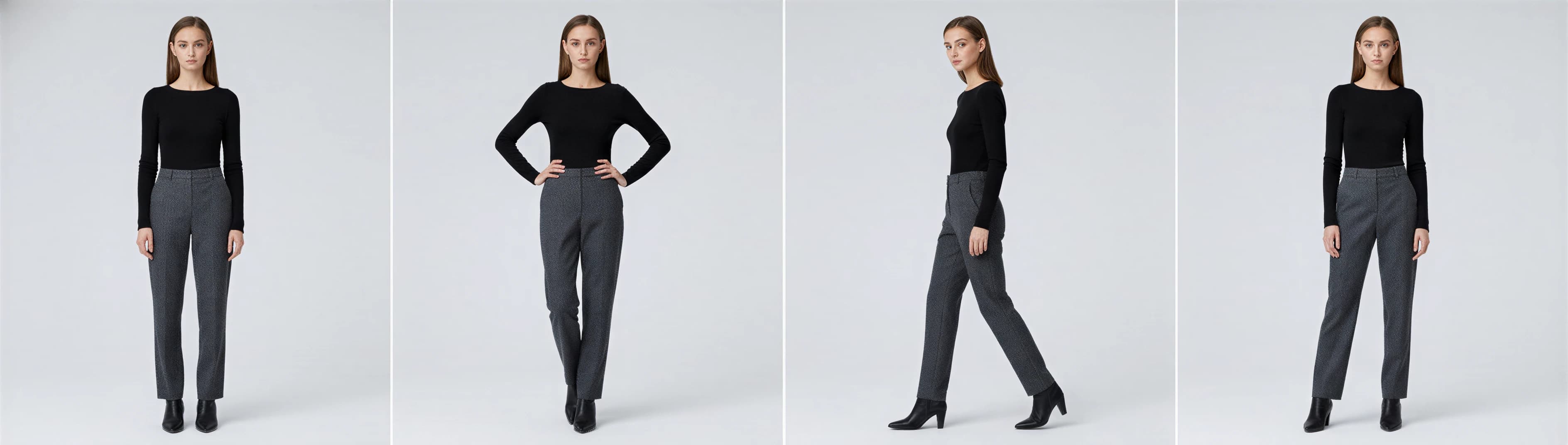 AI fashion model in four different poses wearing black top and gray pants showing pose variation consistency