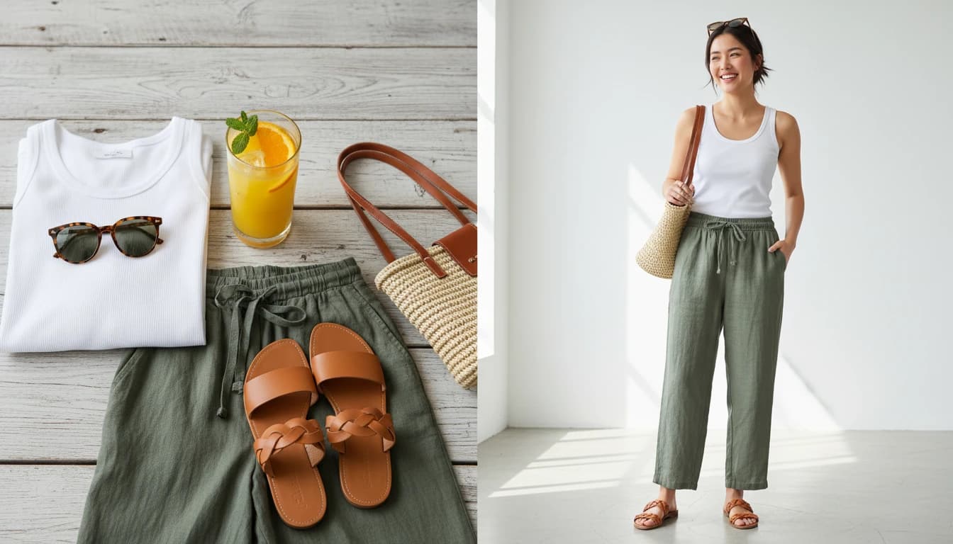 Summer outfit flat-lay transformed into on-model lifestyle photo - white tee, olive pants, and accessories on AI model