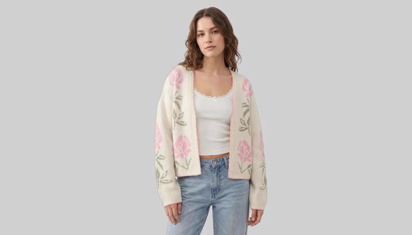 Fashion model standing in floral cardigan ready for AI pose transformation