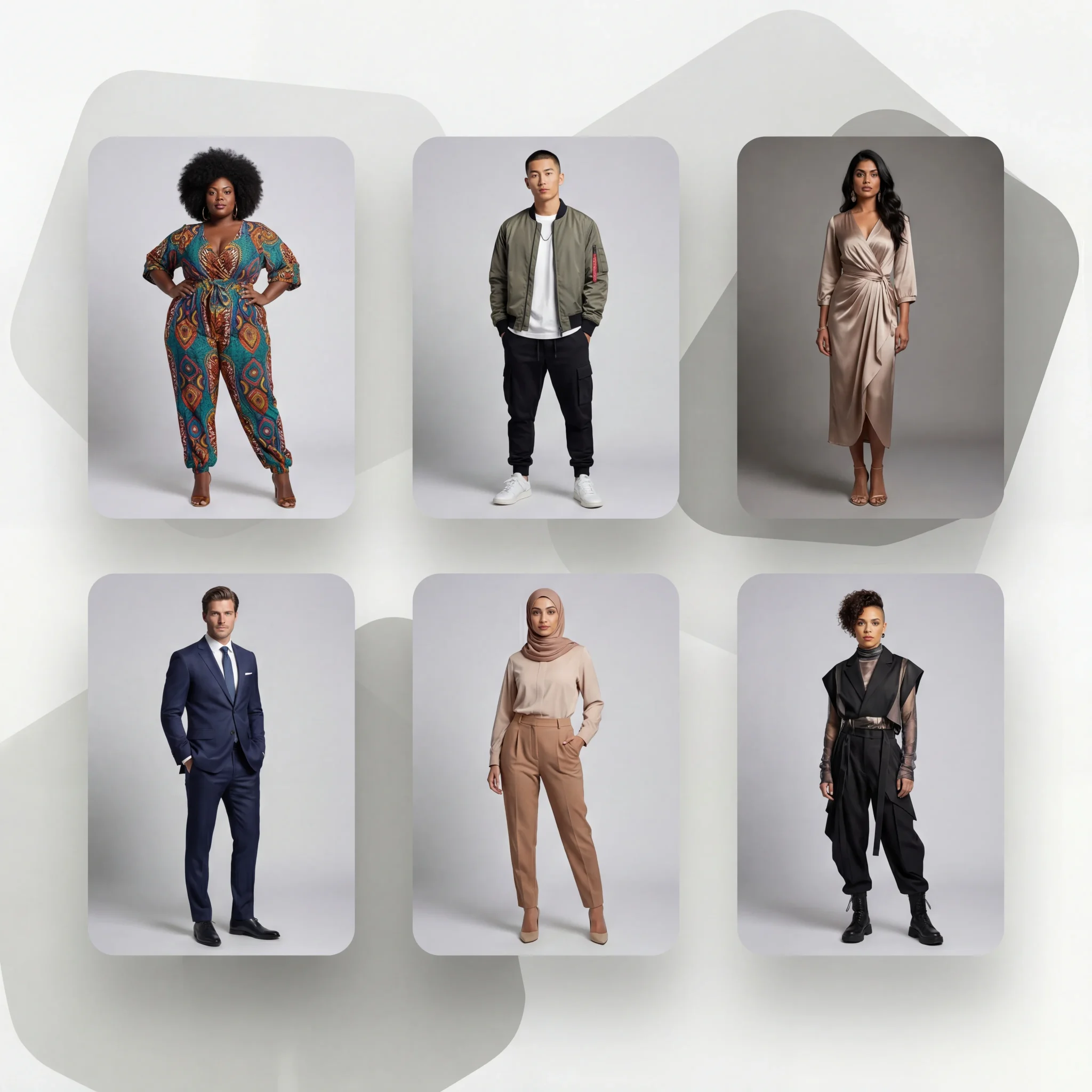 Diverse AI-generated fashion models in neutral clothing basics showcasing variety of ethnicities, genders, and styles for inclusive e-commerce product photography