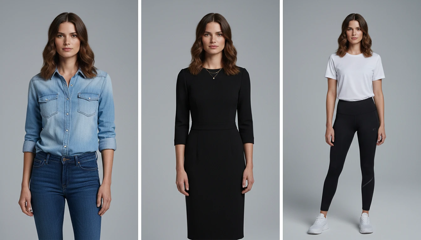 Consistent AI fashion model in three classic outfits showing same person in denim casual, black dress formal, and minimalist white tee styles