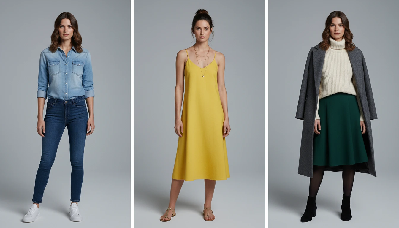 Consistent AI fashion model across three seasonal collections showing same person in casual denim, summer yellow dress, and layered winter coat outfit
