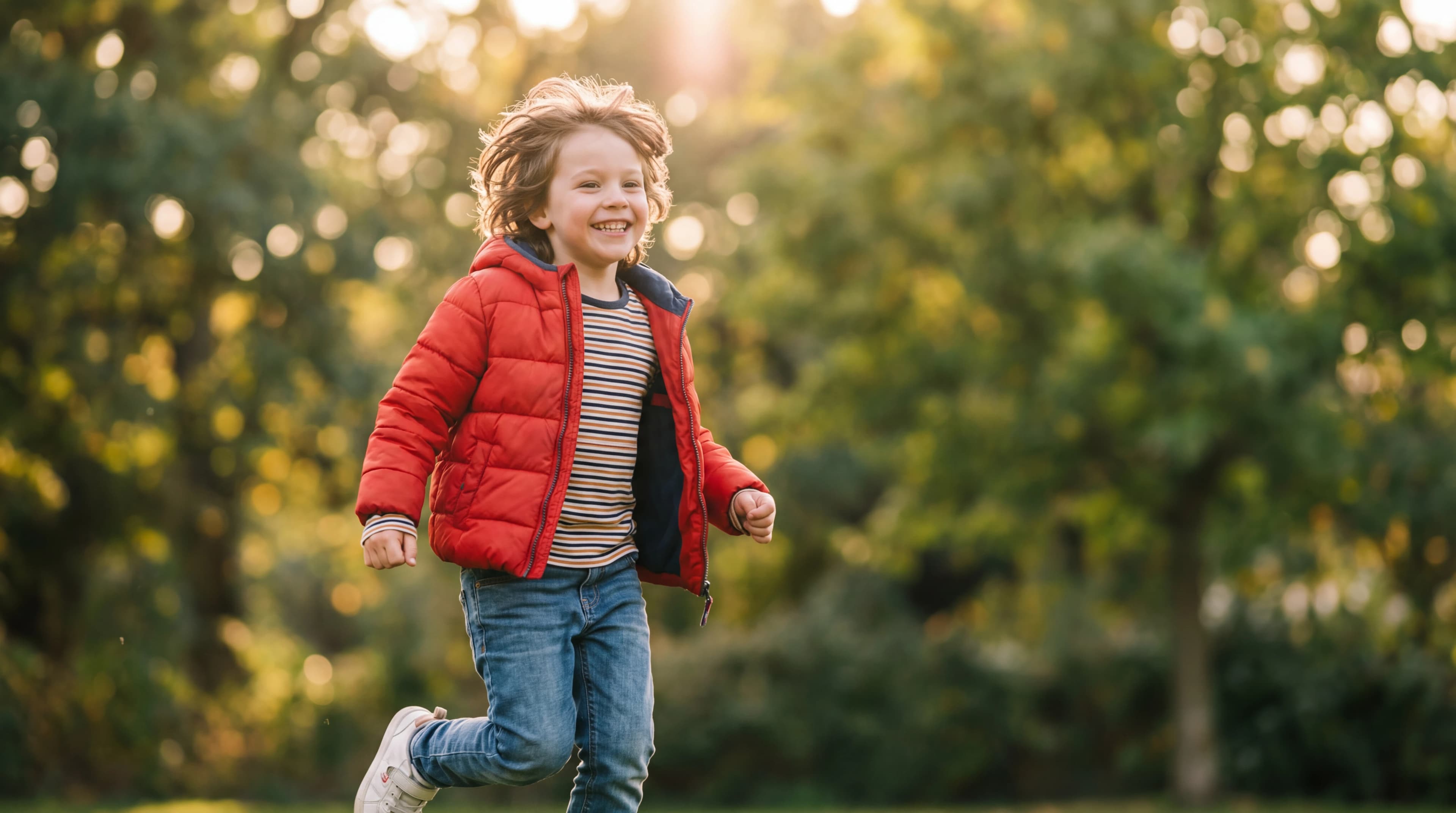 Children's clothing flat lay with colorful t-shirt, denim jacket, pants, and measuring tape for international size conversion