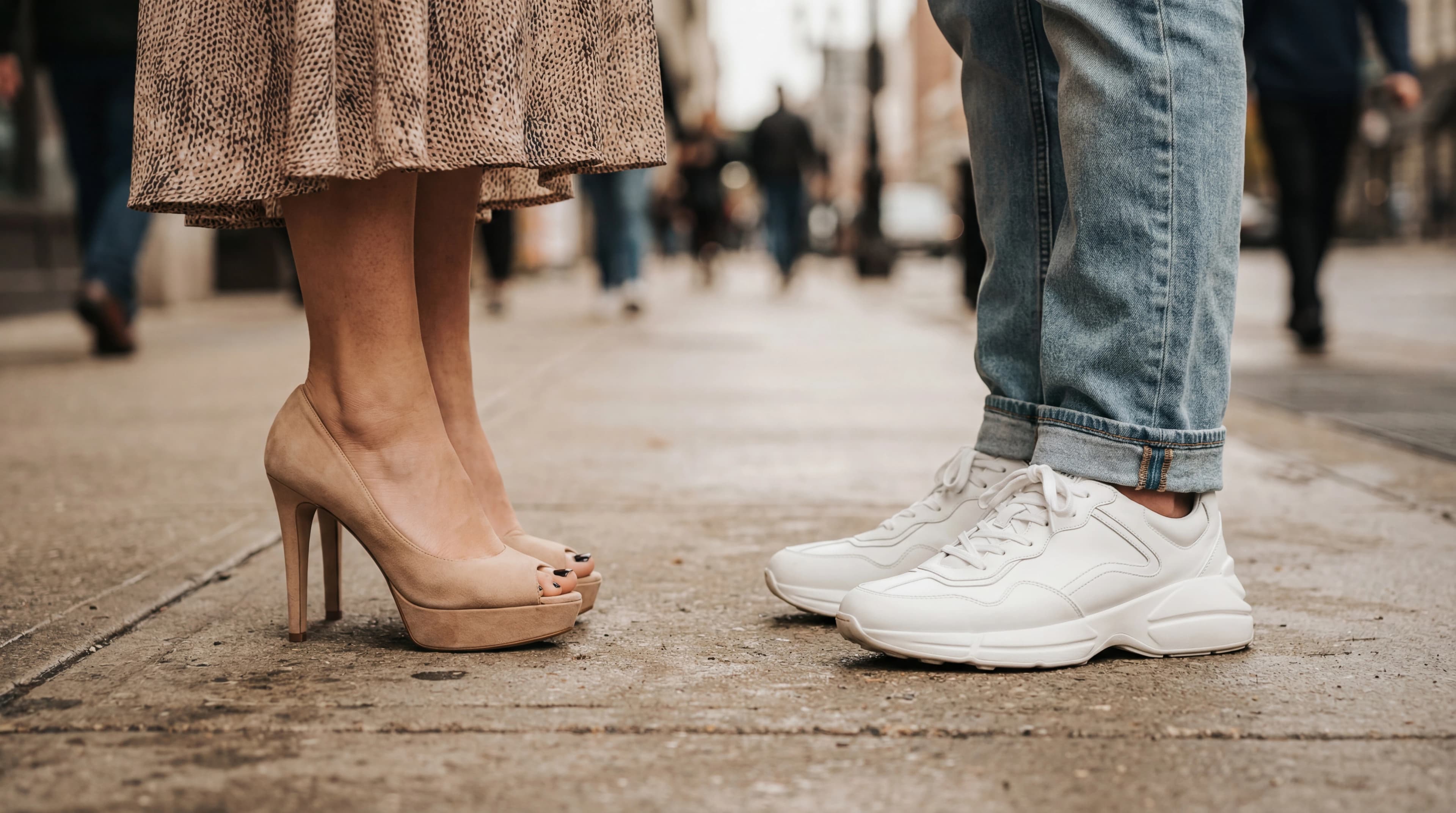 Adult footwear flat lay with heels, oxford shoes, sneakers, and boots for international shoe size conversion