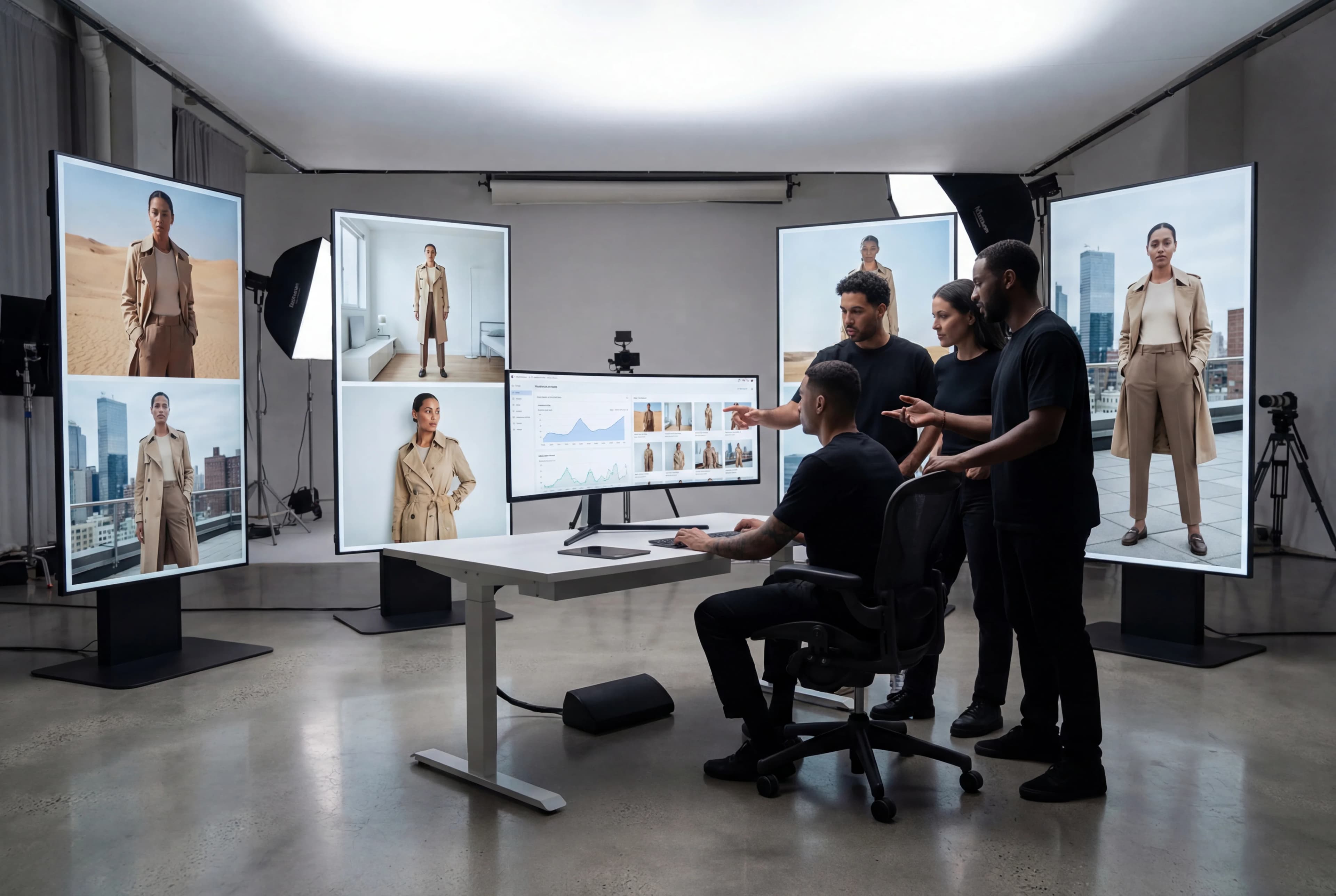 Creative team reviewing AI-generated fashion content on multiple screens