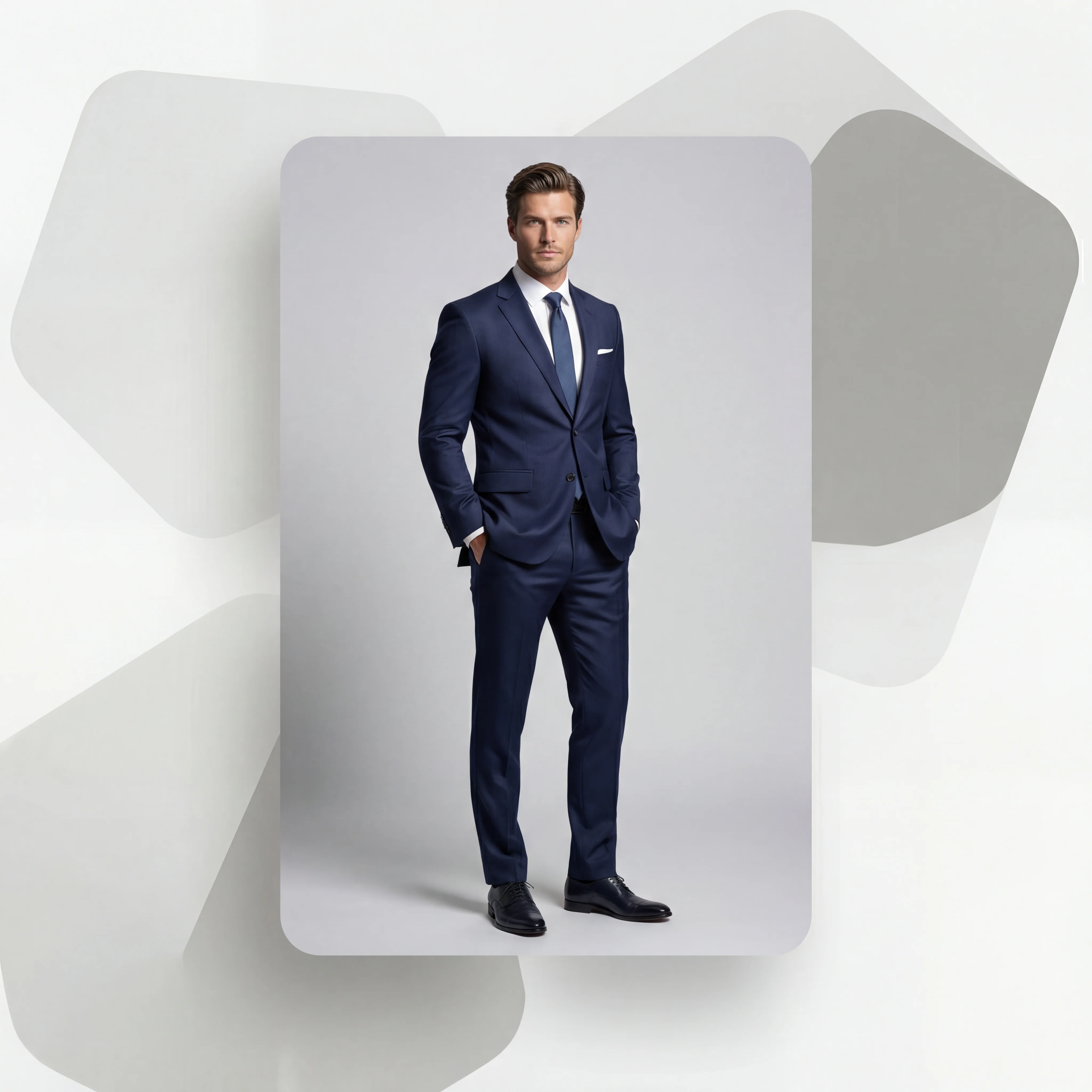 AI-generated male fashion model from text prompt wearing sage green t-shirt and black trousers