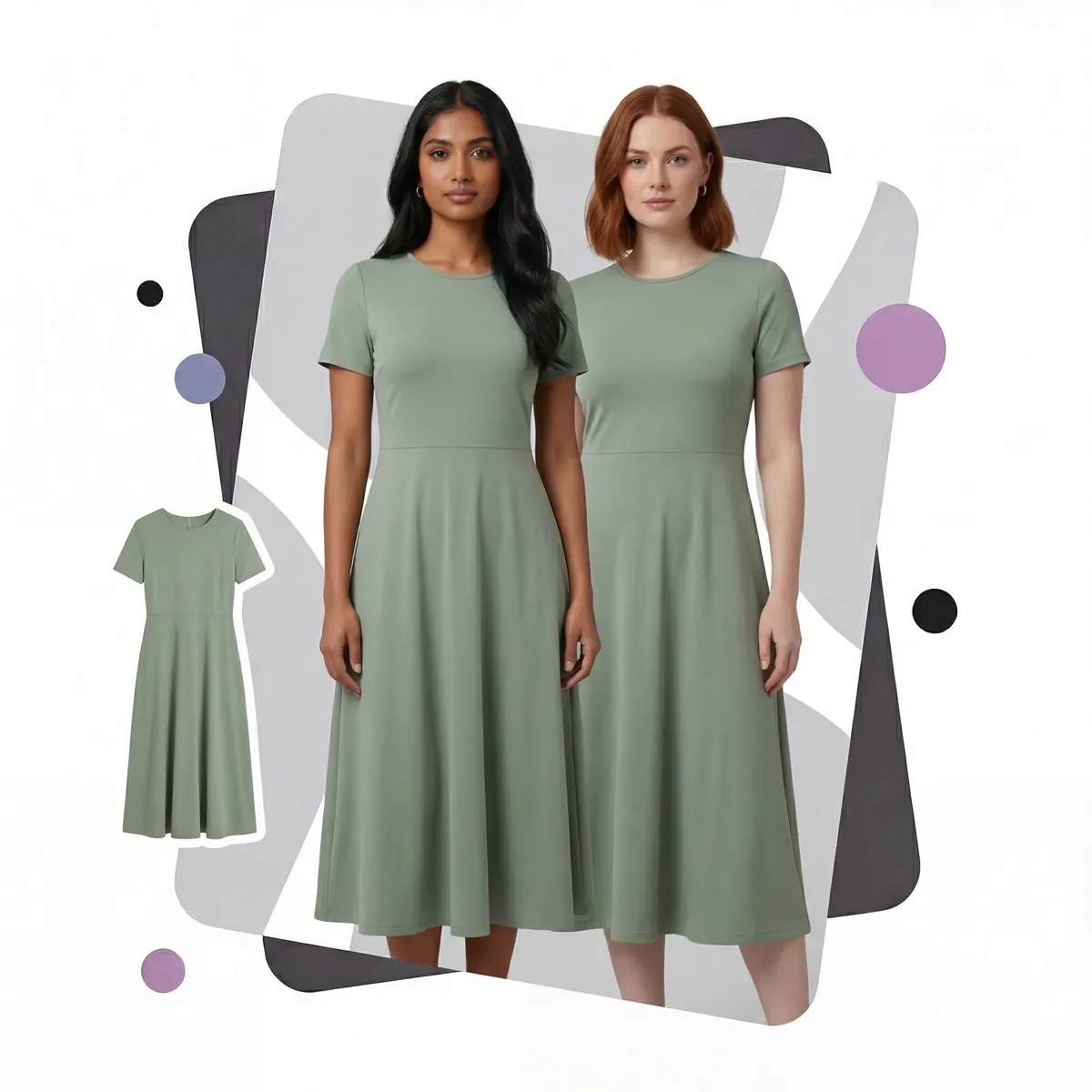 AI model face replacement on summer dress — reference person placed into original photo with outfit perfectly preserved