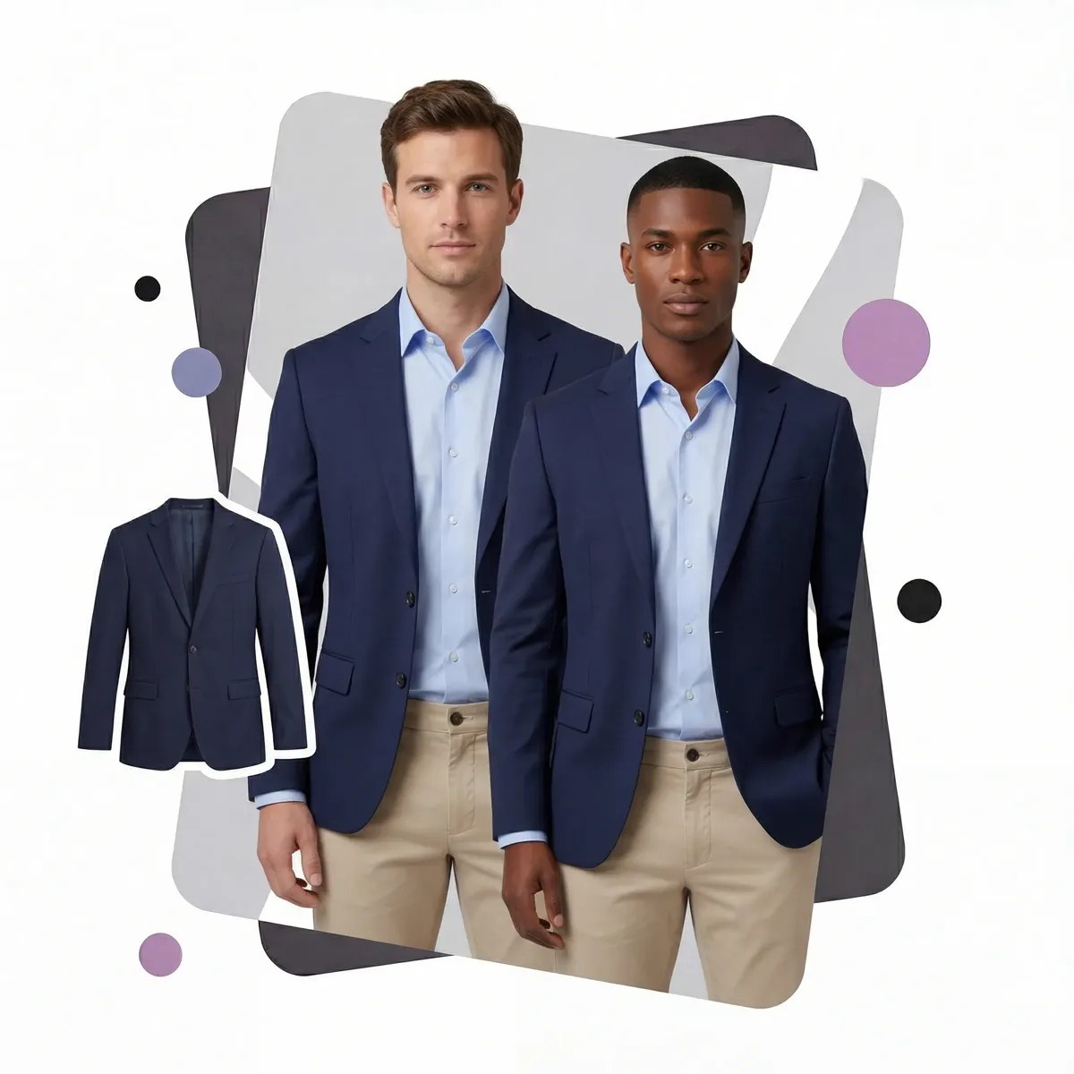 Virtual model swap result — AI replaces model identity on blazer photo for fresh brand campaign visuals