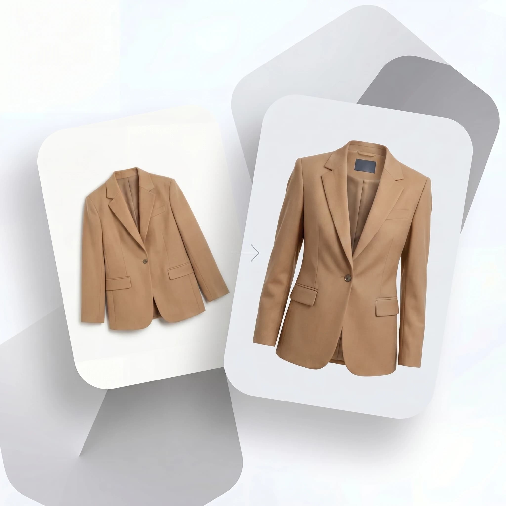 3D ghost mannequin generator result: a flat beige blazer rebuilt into a 3D ghost mannequin product photo with depth and volume