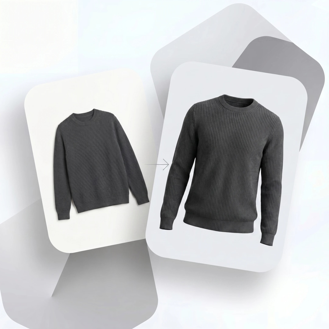 Invisible mannequin effect by AI: a flat garment turned into a 3D ghost mannequin photo showing the hollow man shape and fit