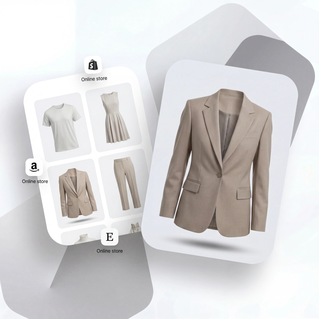 Ghost mannequin product photos displayed on Shopify, Amazon, and Etsy online store listings — ecommerce-ready AI photography