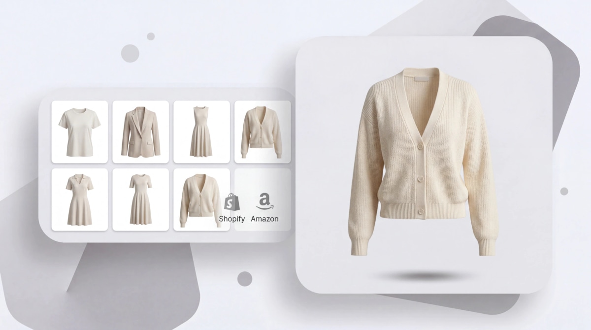 AI ghost mannequin product catalog grid with cream knit cardigan close-up for Shopify and Amazon ecommerce stores