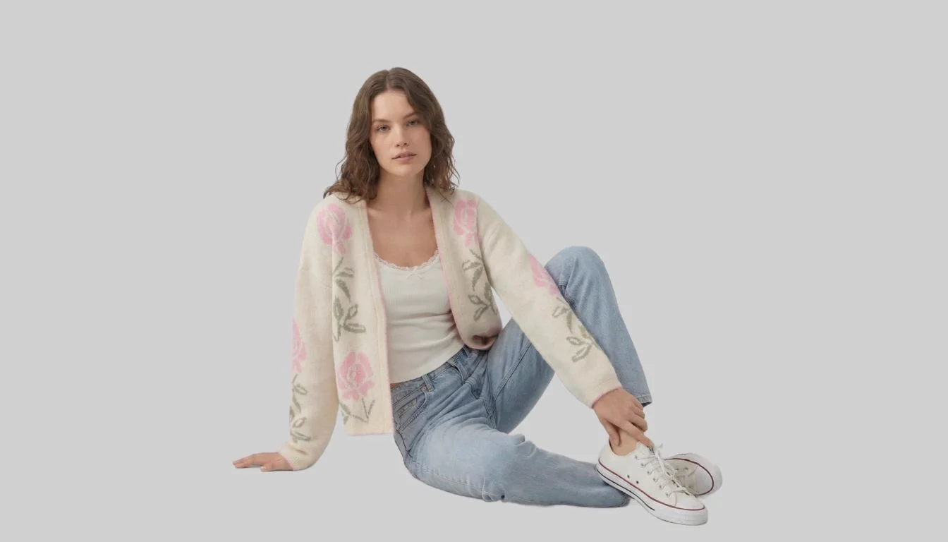 AI-generated fashion model in sitting pose showing final pose control result