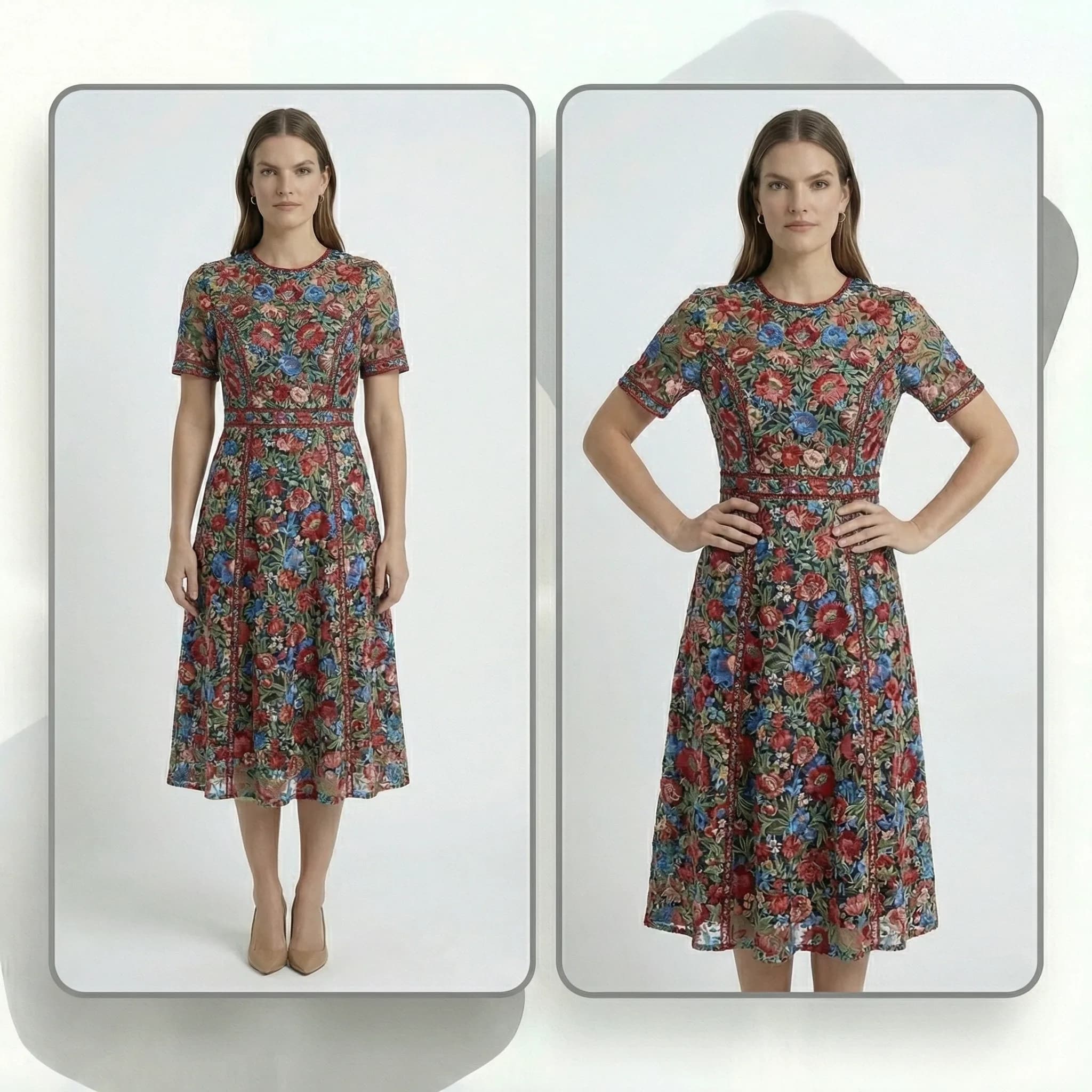 Comparison showing clothing pattern and texture details preserved across different model poses