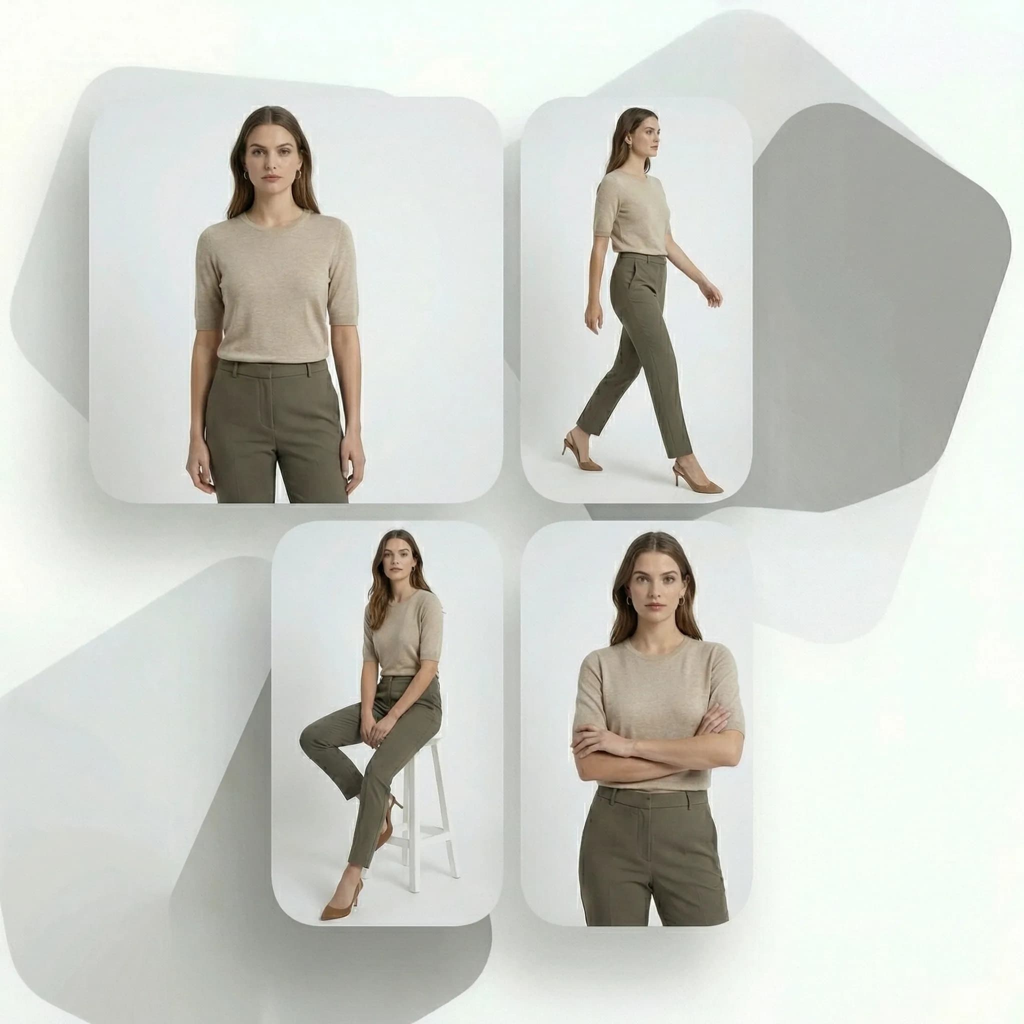 Same fashion model shown in four different poses demonstrating identity preservation across pose variations
