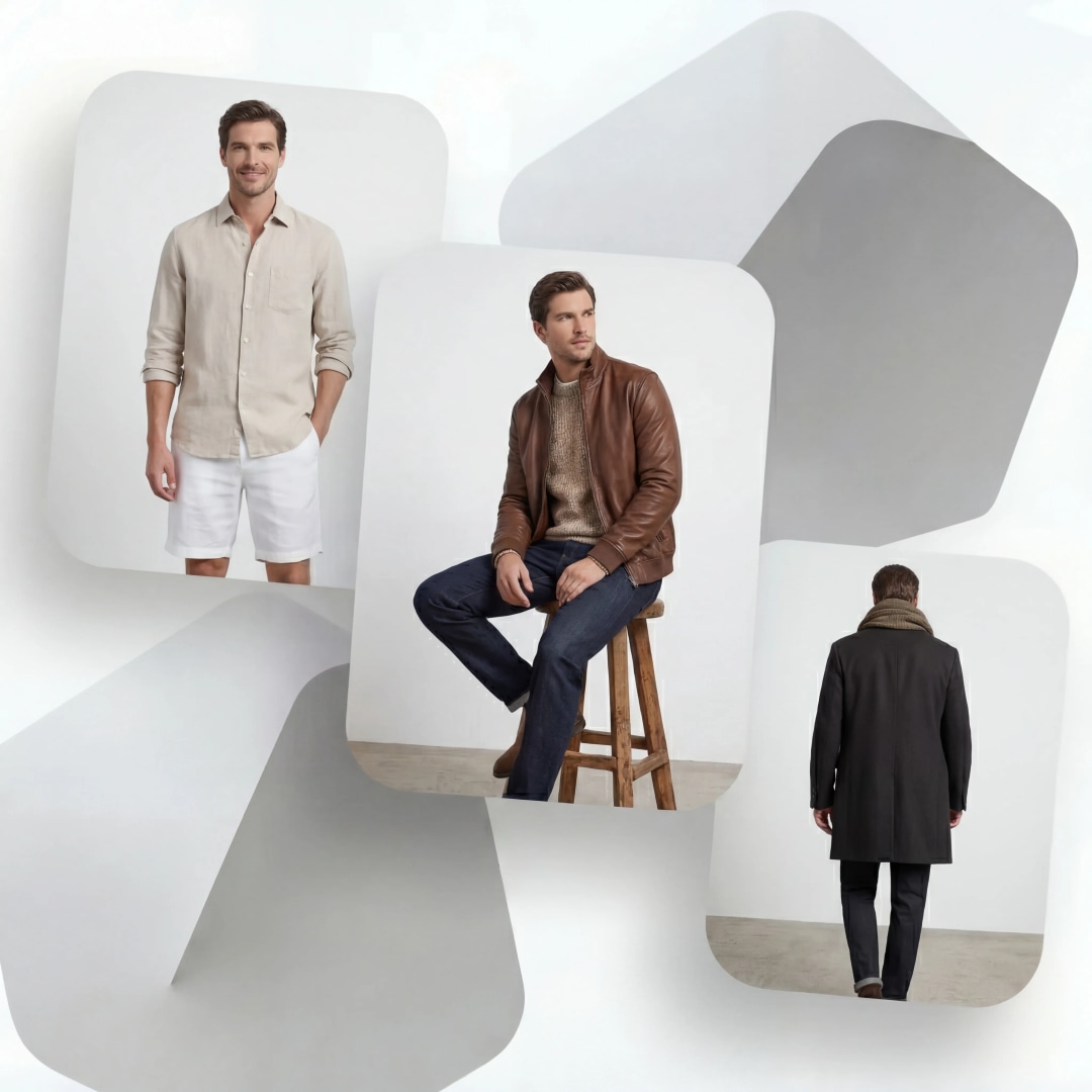 AI fashion model showcasing summer, fall, and winter seasonal outfits in themed campaign photography poses