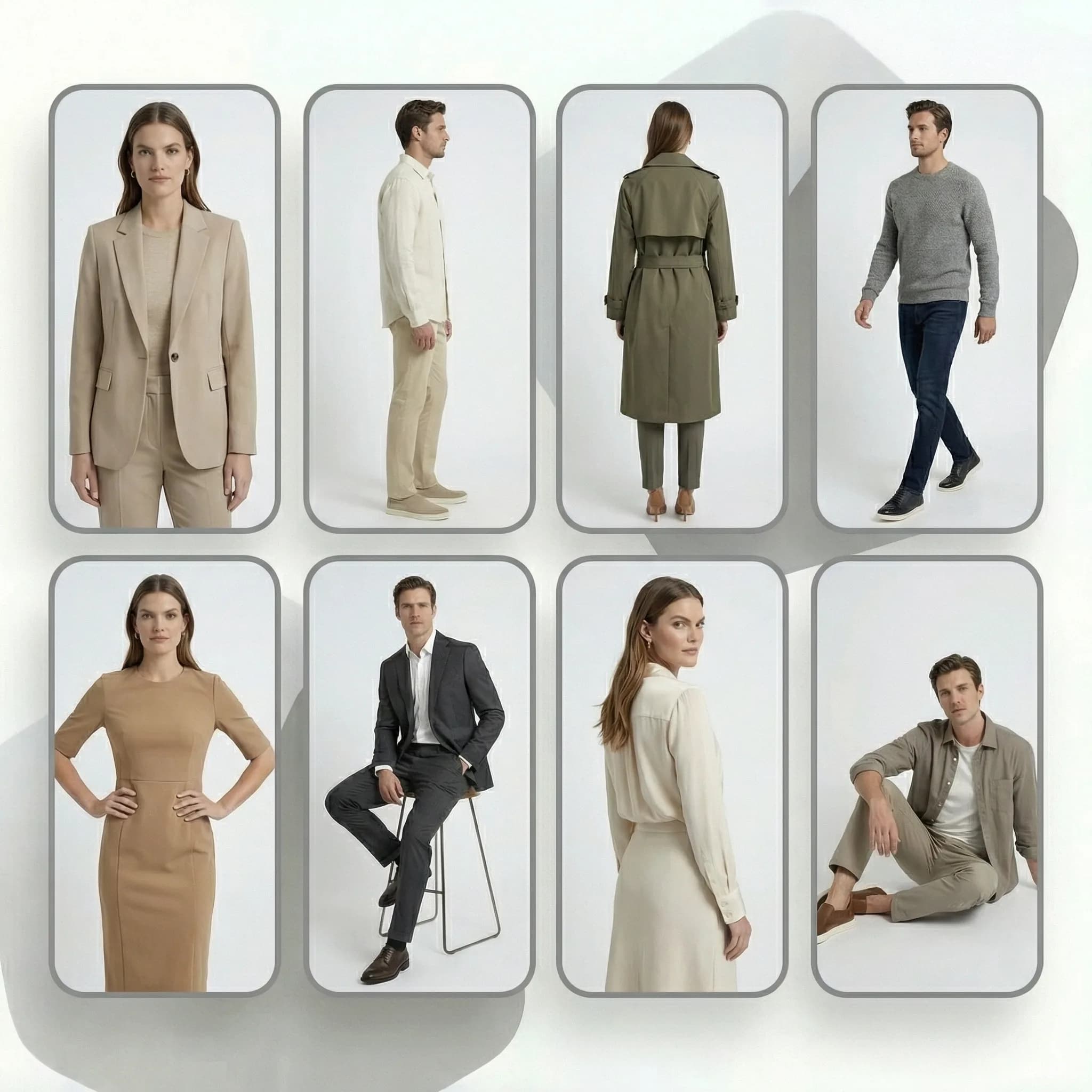 Pose template library interface showing multiple professional fashion pose options