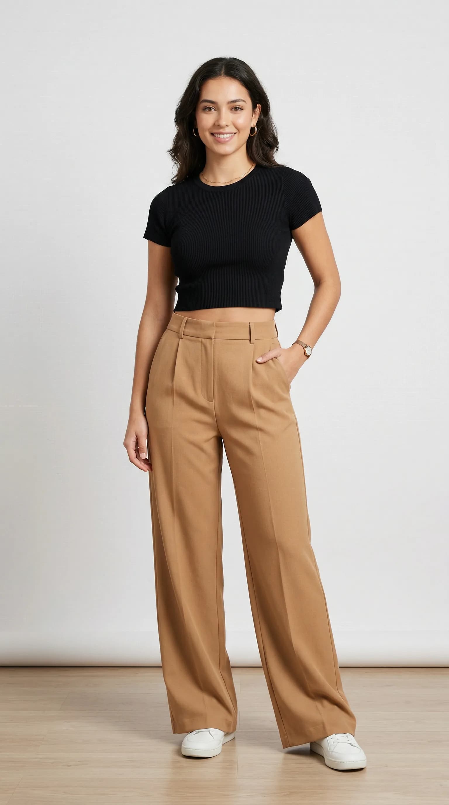 AI generated model in crop top and high-waisted pants for trendy e-commerce