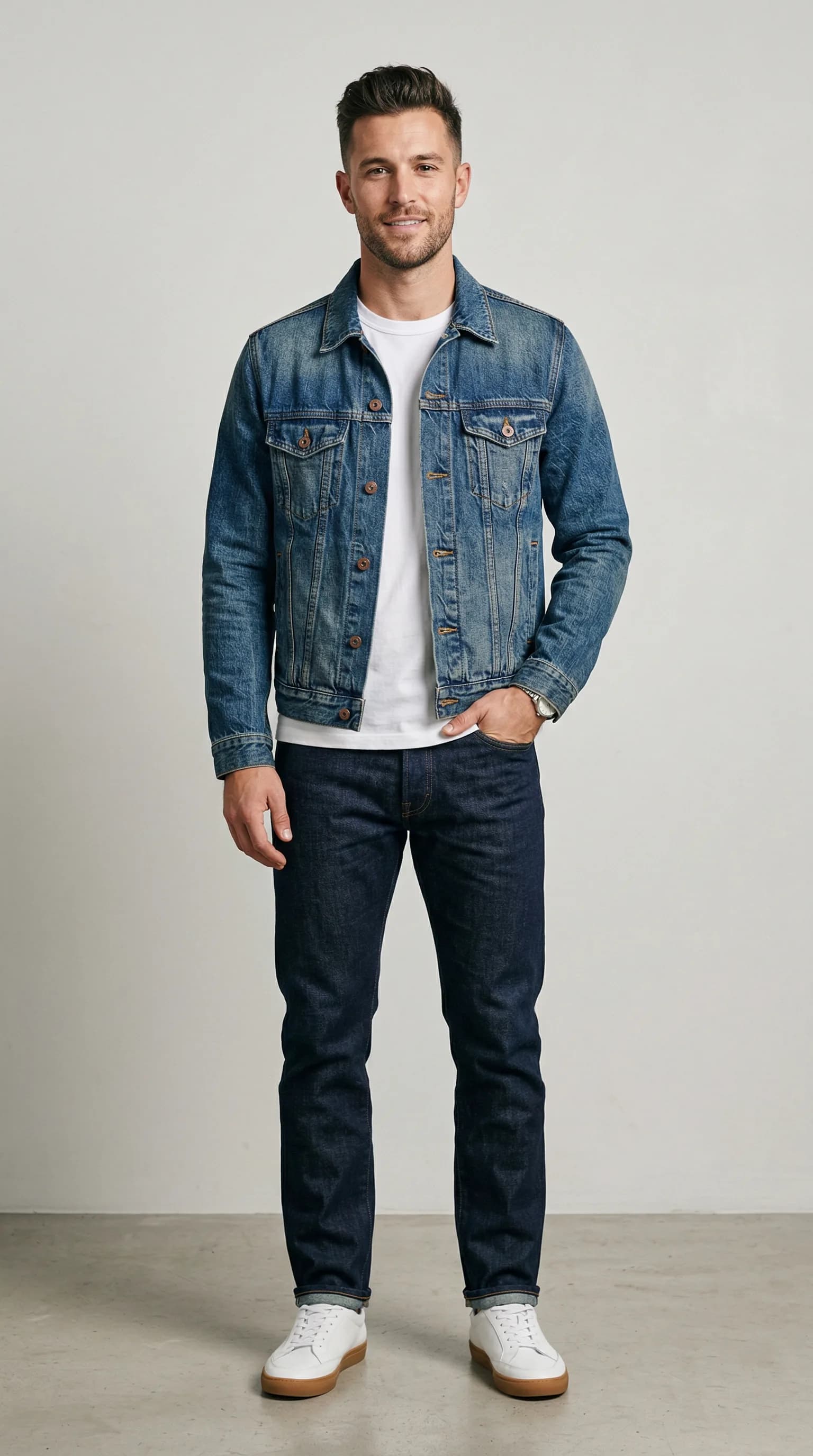 AI fashion model in denim jacket for casual product catalog