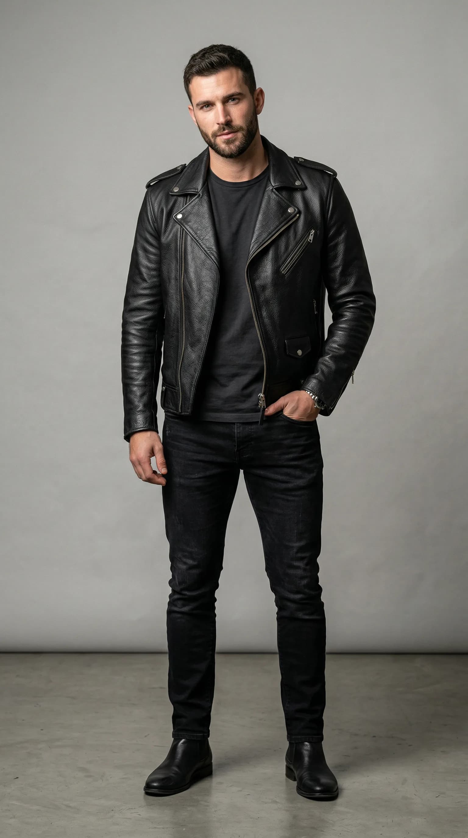 AI fashion model in leather jacket for edgy e-commerce product photo