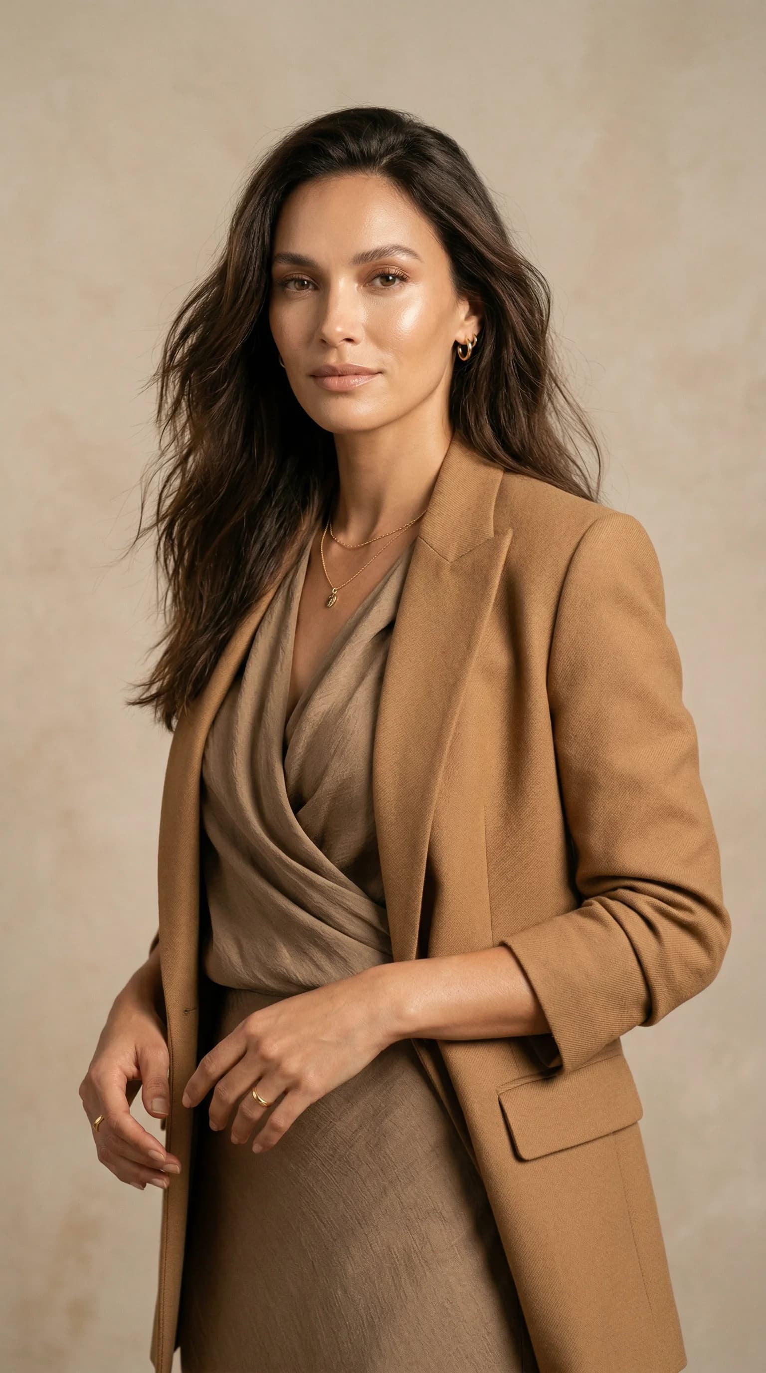 AI fashion model in elegant camel blazer editorial