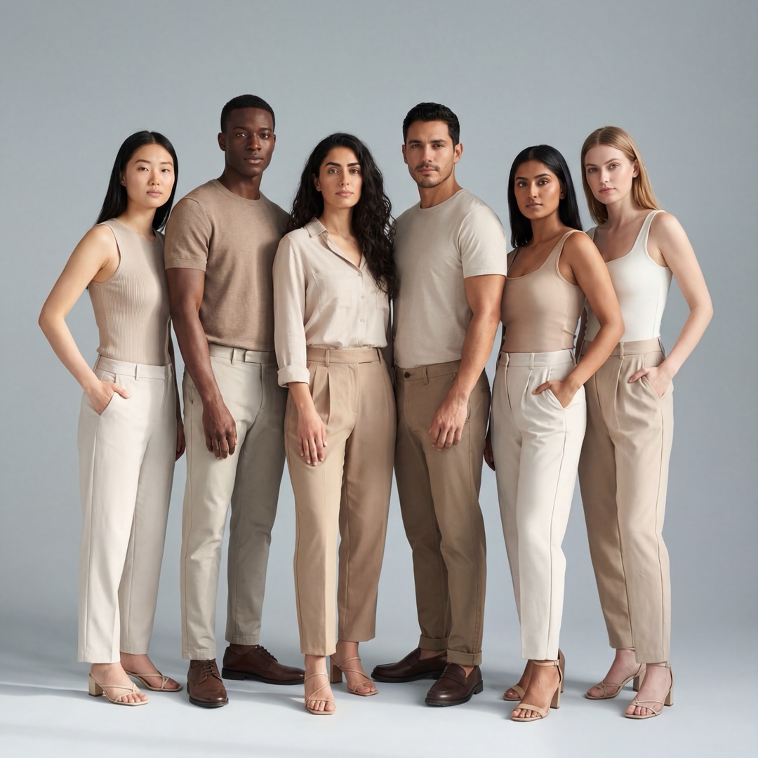 Diverse multicultural AI-generated models in neutral outfits showcasing inclusive fashion photography for clothing brands