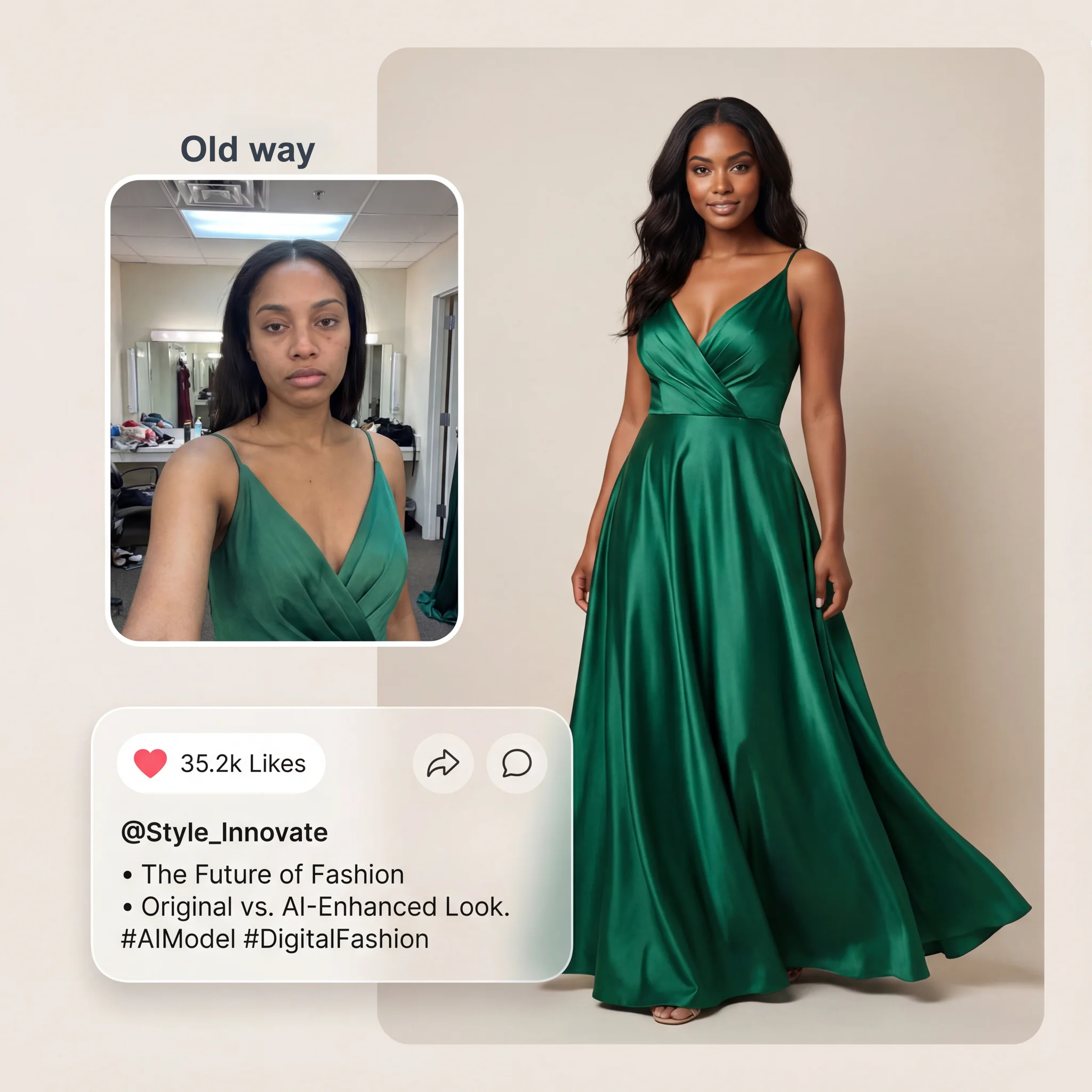 Traditional expensive photoshoot vs AI-generated fashion photography comparison showing 90% cost savings