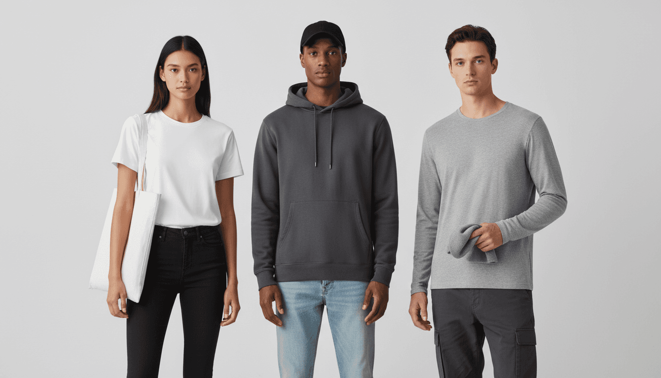 Print-on-demand product photography with AI models wearing customizable blank apparel