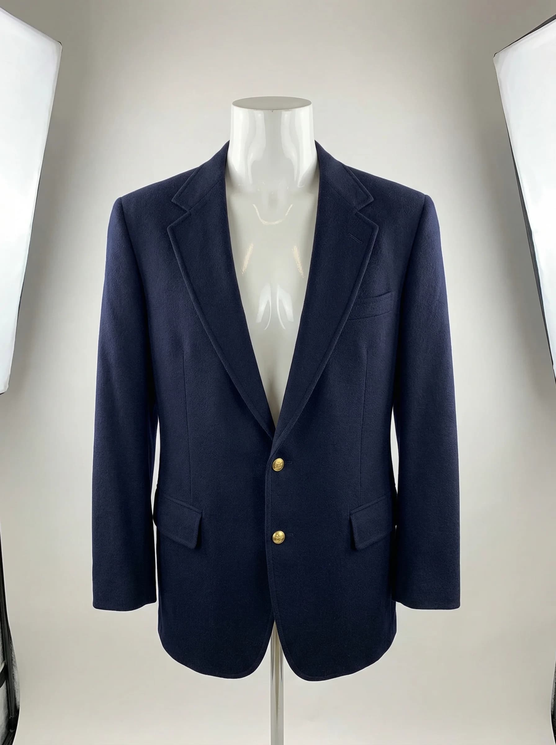 Navy blazer on mannequin torso for ghost mannequin photography front view shot