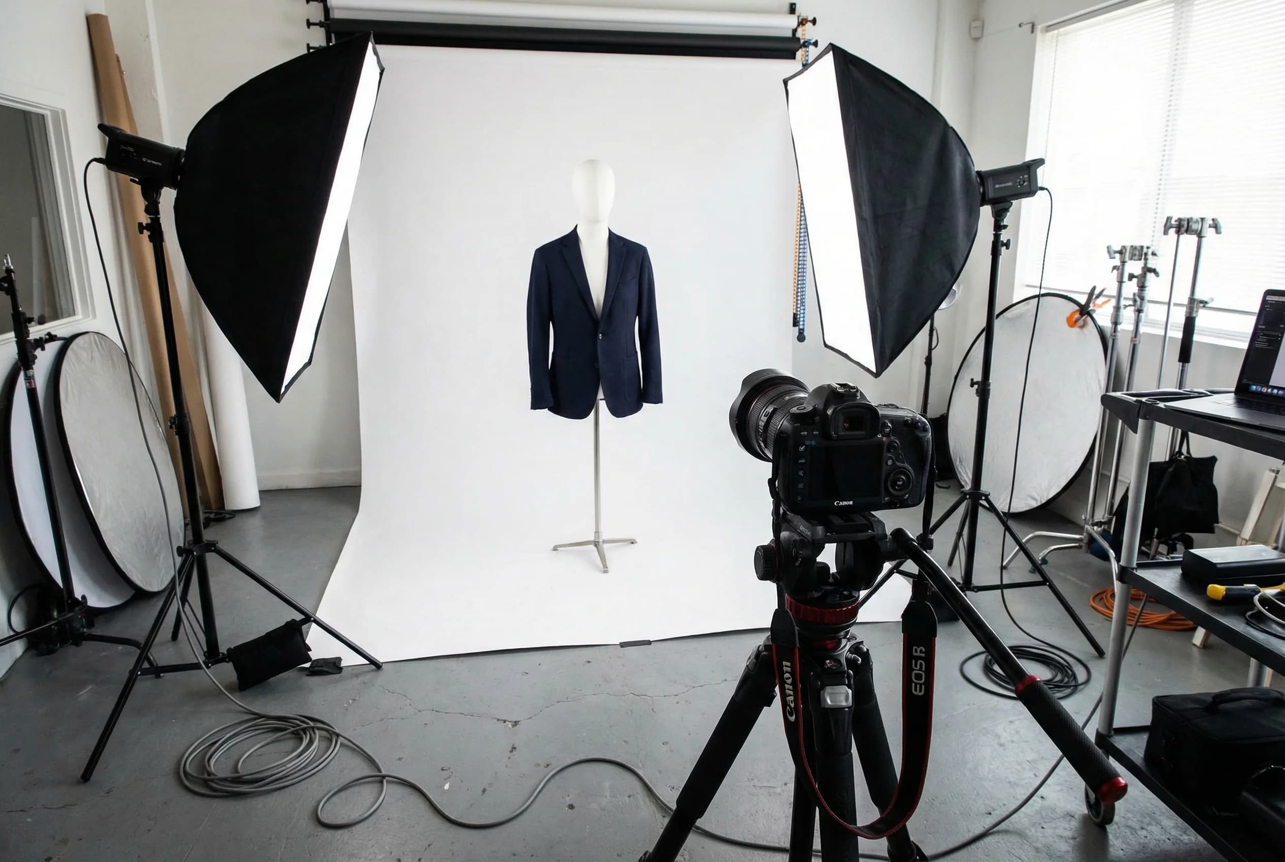 Ghost mannequin photography studio setup with camera, softbox lights, white backdrop, and removable mannequin