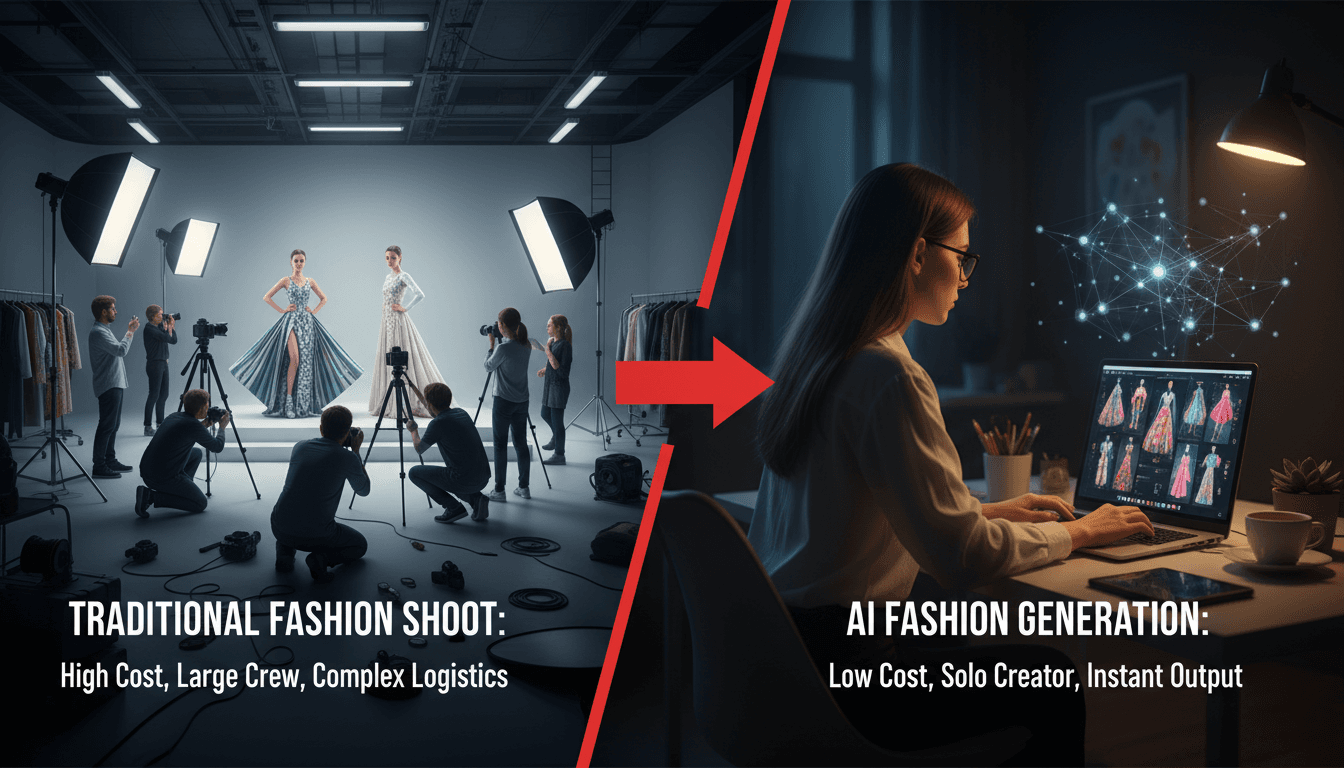 Traditional fashion photoshoot vs AI fashion design workflow comparison