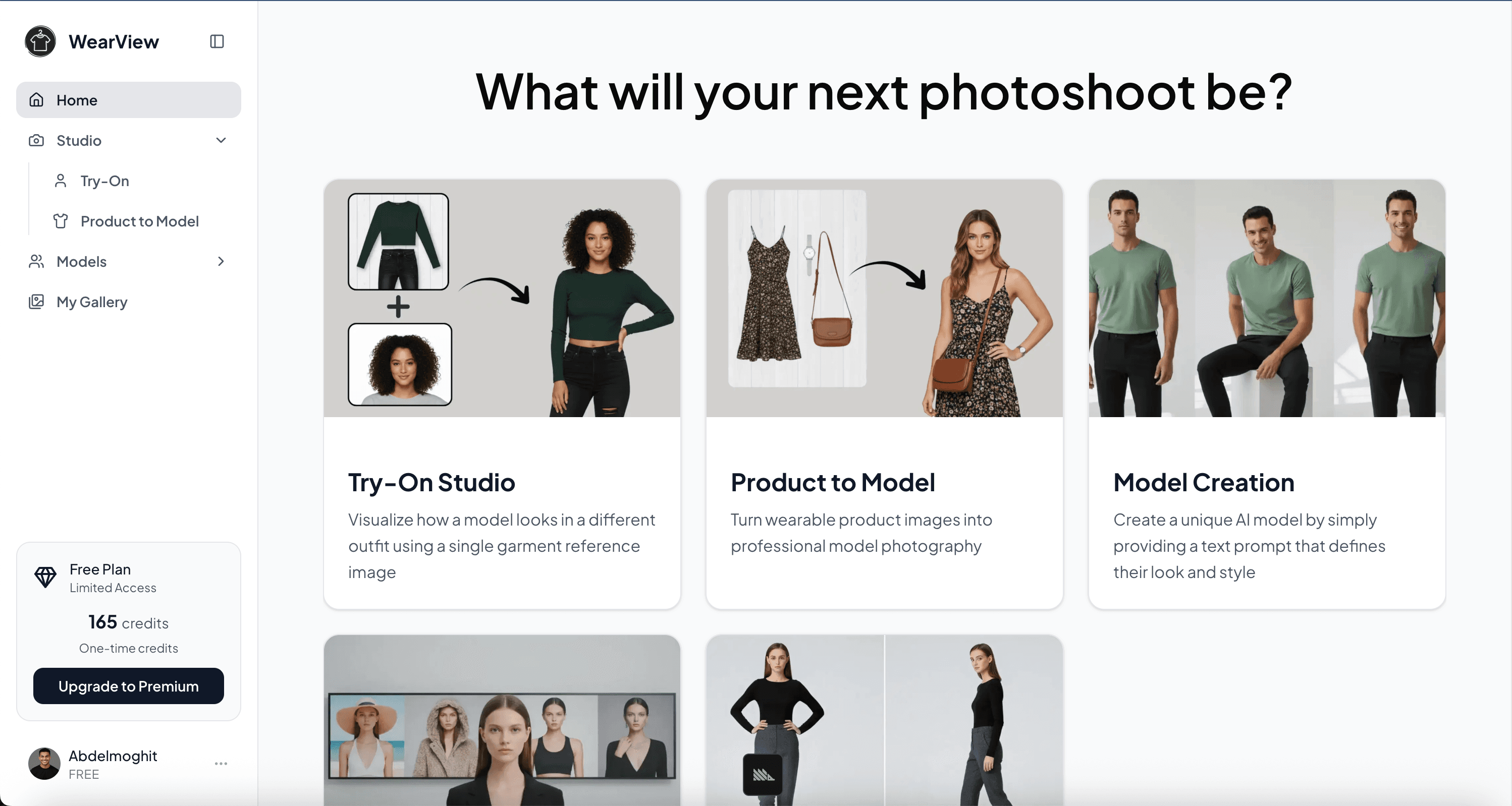 WearView AI fashion platform interface showing virtual try-on generation
