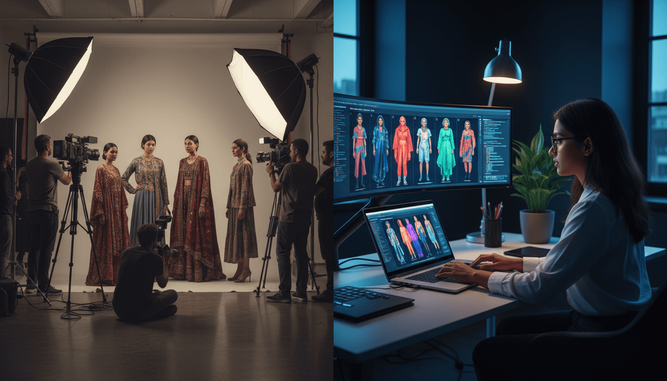 Split screen comparison of traditional fashion photoshoot with photographers and crew versus modern AI fashion design workflow with designer using laptop to generate AI models