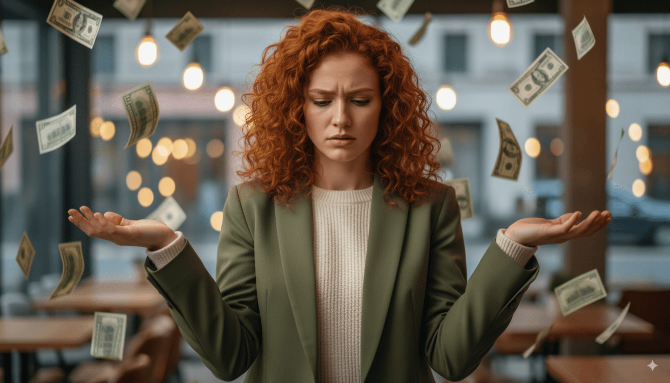 WearView illustration of a worried businesswoman with red curly hair in a café, surrounded by falling dollar bills, representing financial stress and money challenges.